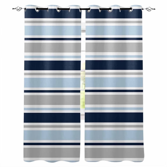 Navy Blue Gray Striped Blackout Curtains for Bedroom, Farmhouse Stripes Modern Abstract Art Thermal Insulated Kitchen Drapes with Grommets, Light Blocking Window Treatment, 2 Panels 42" x 63"