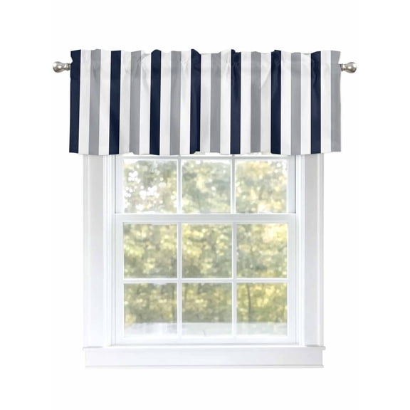 Navy Blue Gray Striped Curtain Valances for Windows, Farmhouse Stripe Art Kitchen Valance Window Treatment, Light Filtering Block Curtains for Bathroom/Bedroom/Living Room 60'' x 18''