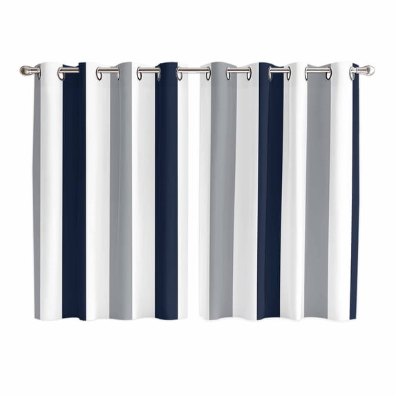 Navy Blue Gray Striped Kitchen Curtains 72 Inch Length, Farmhouse Stripe Art Grommet Top Bedroom Living Room Curtains, Light Filtering Cafe Curtain Drapes 2 Panels Set 104''x72''