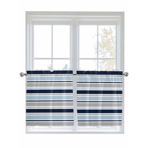 Navy Blue Gray Striped Kitchen Curtains Tier 24 Inch Length, Farmhouse Stripes Modern Abstract Art Rod Pocket Light Filtering Window Curtains Living Room Bedroom Curtain Drapes Cafe Curtain 27.5x24x2