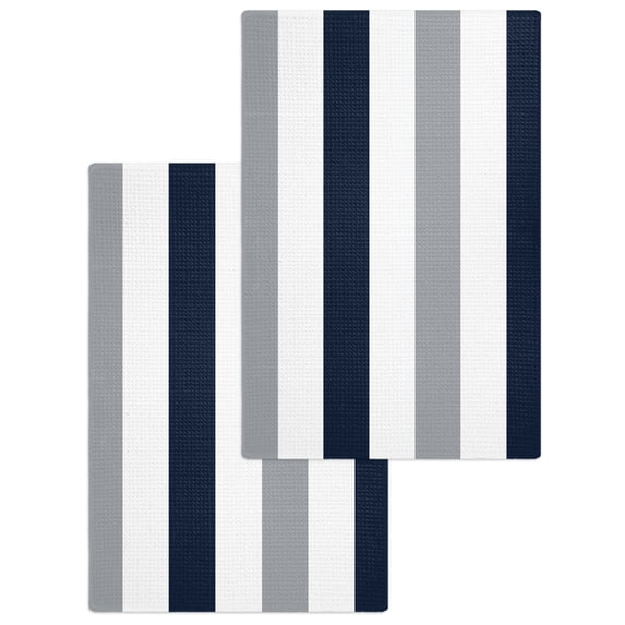 Navy Blue Gray Striped Kitchen Dish Towels for Drying Dishes Set of 2, Farmhouse Stripe Art Waffle Weave Microfiber Hand Tea Bathroom Towels Quick Dry & Absorbent Towel 15.7x23.6