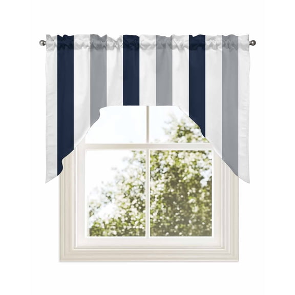 Navy Blue Gray Striped Kitchen Swag Valance for Window, Rod Pocket Short Kitchen Curtains 36 Inch Length, Farmhouse Stripe Art Swag Topper Small Window Treatment for Cafe Bathroom Bedroom