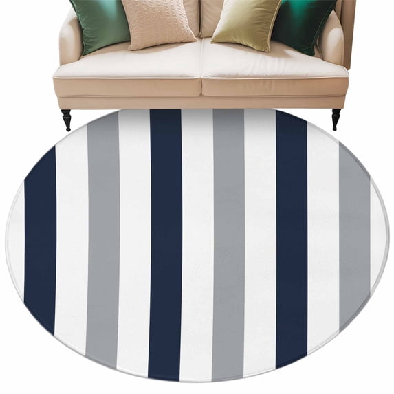 Navy Blue Gray Striped Large Area Rugs for Bedroom Living Room, Soft Non Slip Carpet Bedside Rug, Farmhouse Stripe Art Round Floor Cover Kitchen Accent Rug 8' for Dining Room/Office