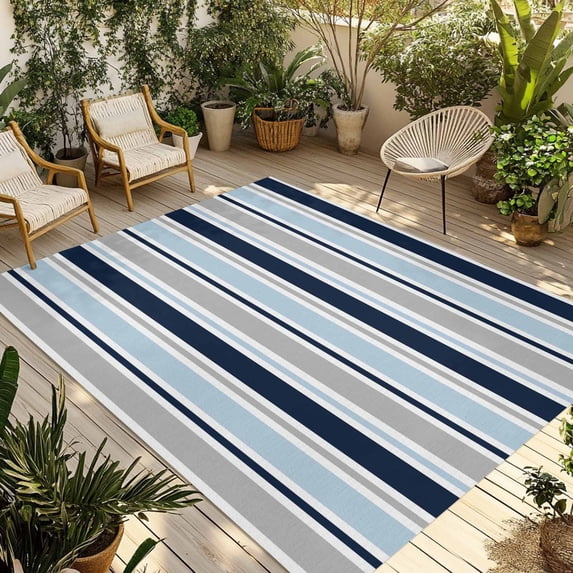 Navy Blue Gray Striped Outdoor Rug for Patio/Deck/Porch, Non-Slip Large Area Rug 4 x 6 Ft, Farmhouse Stripes Modern Abstract Art Indoor Outdoor Rugs Washable Area Rugs, Camping Rug Carpet Runner