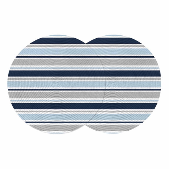 Navy Blue Gray Striped Round 13 Inch Placemats Set of 2, Farmhouse Stripes Modern Abstract Art HeatResistant Non Slip Place Mats for Dining Table, Wipeable Braided Kitchen Table Mats for Housewarming