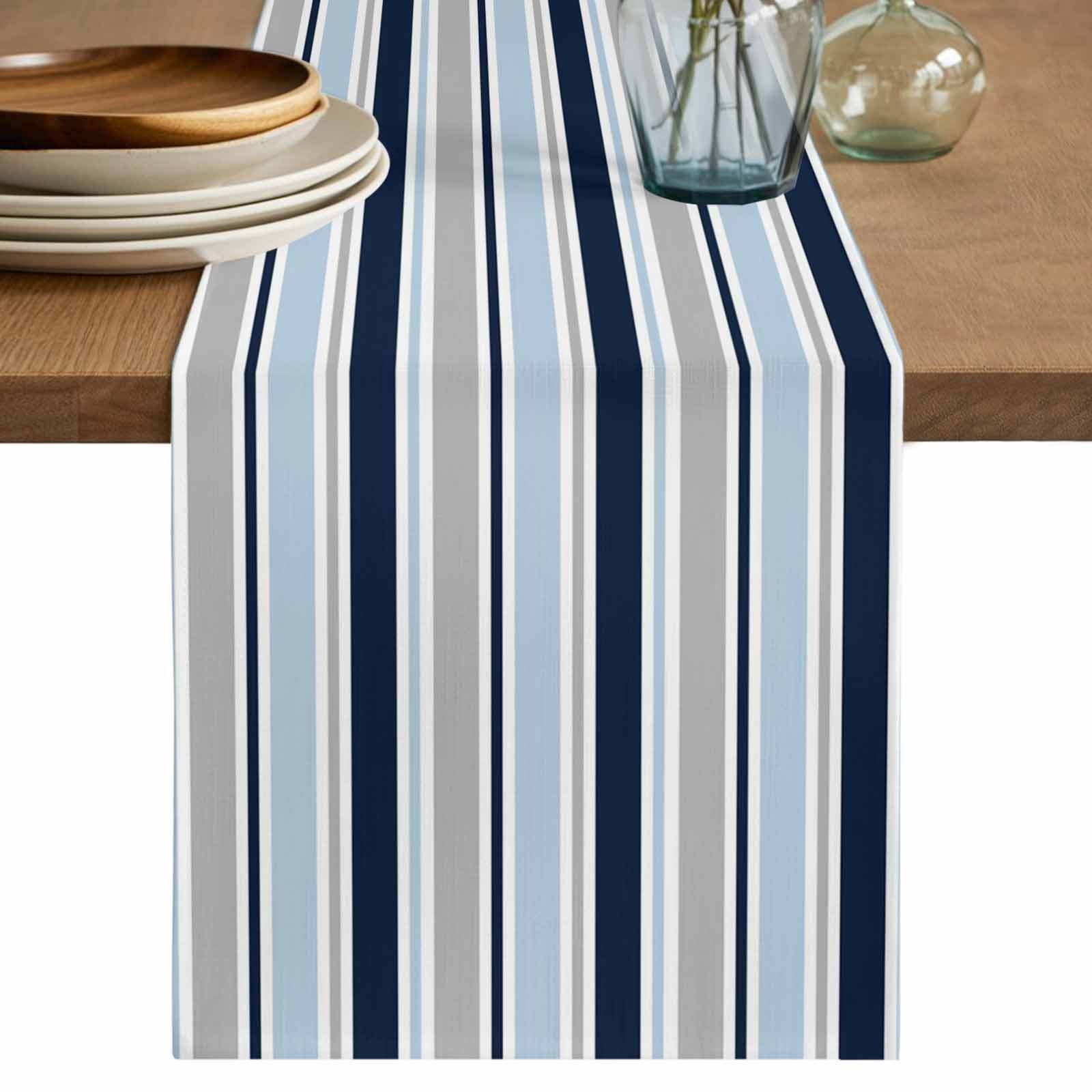 Navy Blue Gray Striped Table Runner 90 Inches, Farmhouse Stripes Modern ...