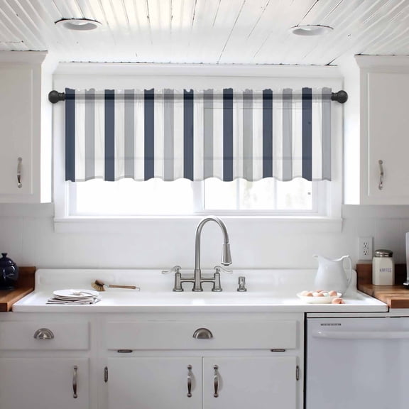 Navy Blue Gray Striped Valance Curtains for Kitchen/Living Room/Bathroom/Bedroom Window, Farmhouse Stripe Art Rod Pocket Small Topper Half Short Window Curtains Voile Sheer Scarf 42"x18"