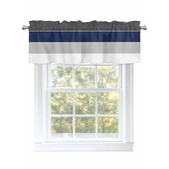 Navy Blue Gray Stripes Curtain Valances for Windows, Line Pattern Window Valances, Window Treatment Rod Pocket Valance Curtains for Living Room/Kitchen/Bedroom/Bathroom, 54x18inch