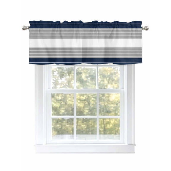 Navy Blue Gray Valances for Windows, Rod Pocket Kitchen Valance Curtains - Soft & Washable Small Window Treatment for Living Room,&nbsp;Bathroom, Simple Stripes Theme , 42x12 Inch, 1 Panel
