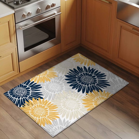 Navy Blue Gray Yellow Sunflowers 2x3 Rug for Entryway Front Door Kitchen Sink Area, Abstract Blooming Floral Low Pile Washable Non Slip Rectangle Area Rug