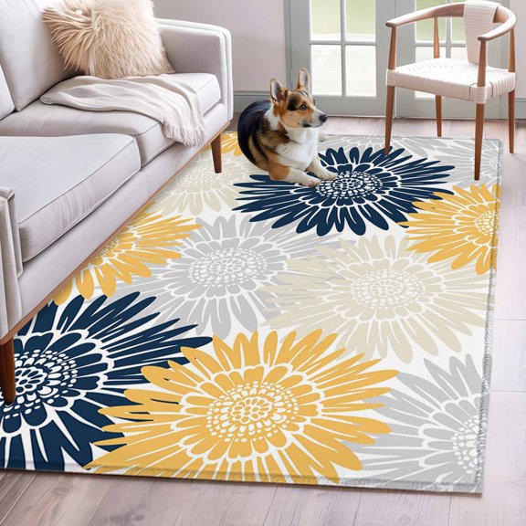 Navy Blue Gray Yellow Sunflowers Area Rugs 4x6 ft Abstract Blooming Floral Washable Rug Non Slip Indoor Carpet Absorbent Floor Mat for Living Room Bedroom Dining Room