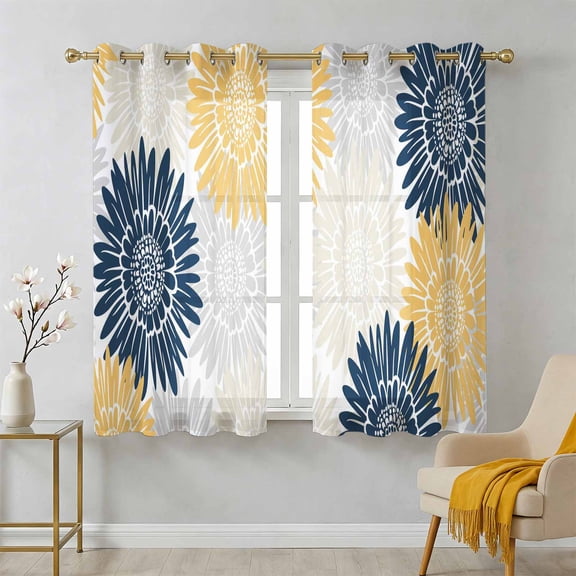 Navy Blue Gray Yellow Sunflowers Sheer Curtains 39 Inch Long 2 Panels, Abstract Blooming Floral Light Filtering Semi Sheer Drapes Grommet Voile Window Curtain for Living Bedroom W27.9 x L39