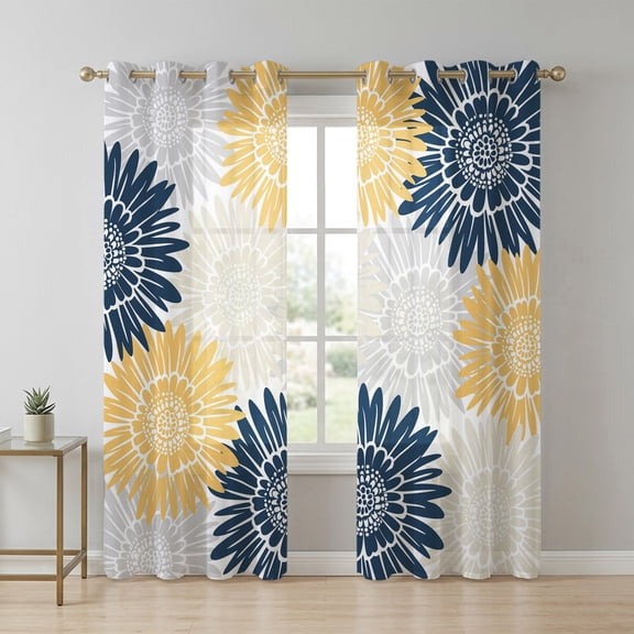 Navy Blue Gray Yellow Sunflowers Sheer Curtains 90 Inch Long 2 Panels, Abstract Blooming Floral Light Filtering Semi Sheer Drapes Grommet Voile Window Curtain for Living Bedroom W52 x L90