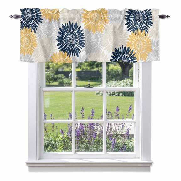 Navy Blue Gray Yellow Sunflowers Valances for Windows Abstract Blooming Floral Rod Pocket Cafe Window Treatments Valance Curtains for Kitchen Bathroom Laundry Basement Windows 42"x18"