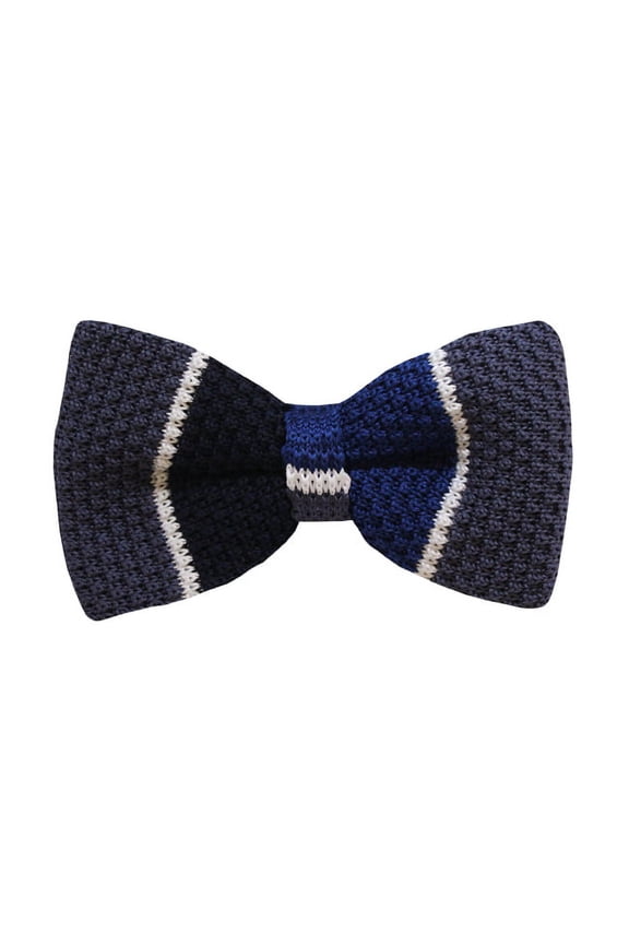 Navy Blue, Gray, and Black, White Striped Men's Knit Pre-Tied Bow Tie