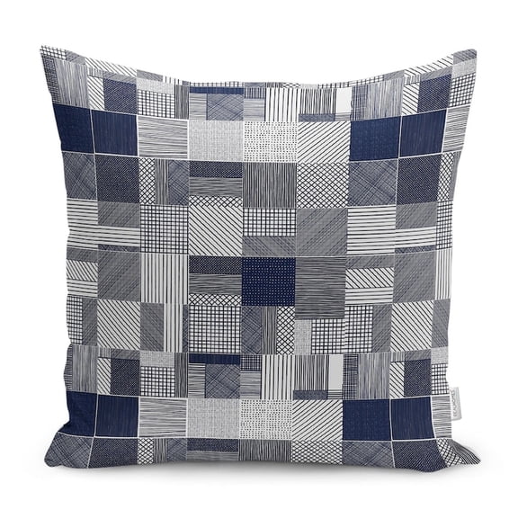Navy Blue, Gray and White Geometric Patchwork Grid Square Pillow Case, 100% Polyester Velvet, Crosshatch Style