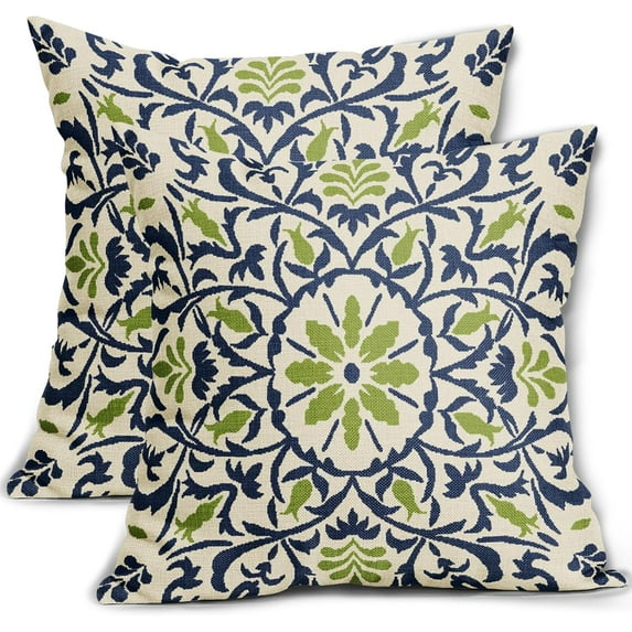 Navy Blue Green Boho Pillow Covers 16 X 16 Inch Bohemian Ethnic Carpet Style Vintage Flower Print Decorative Throw Pillows Outdoor Linen Square Cushion Case Farmhouse Decor for Sofa Bed Set of 2