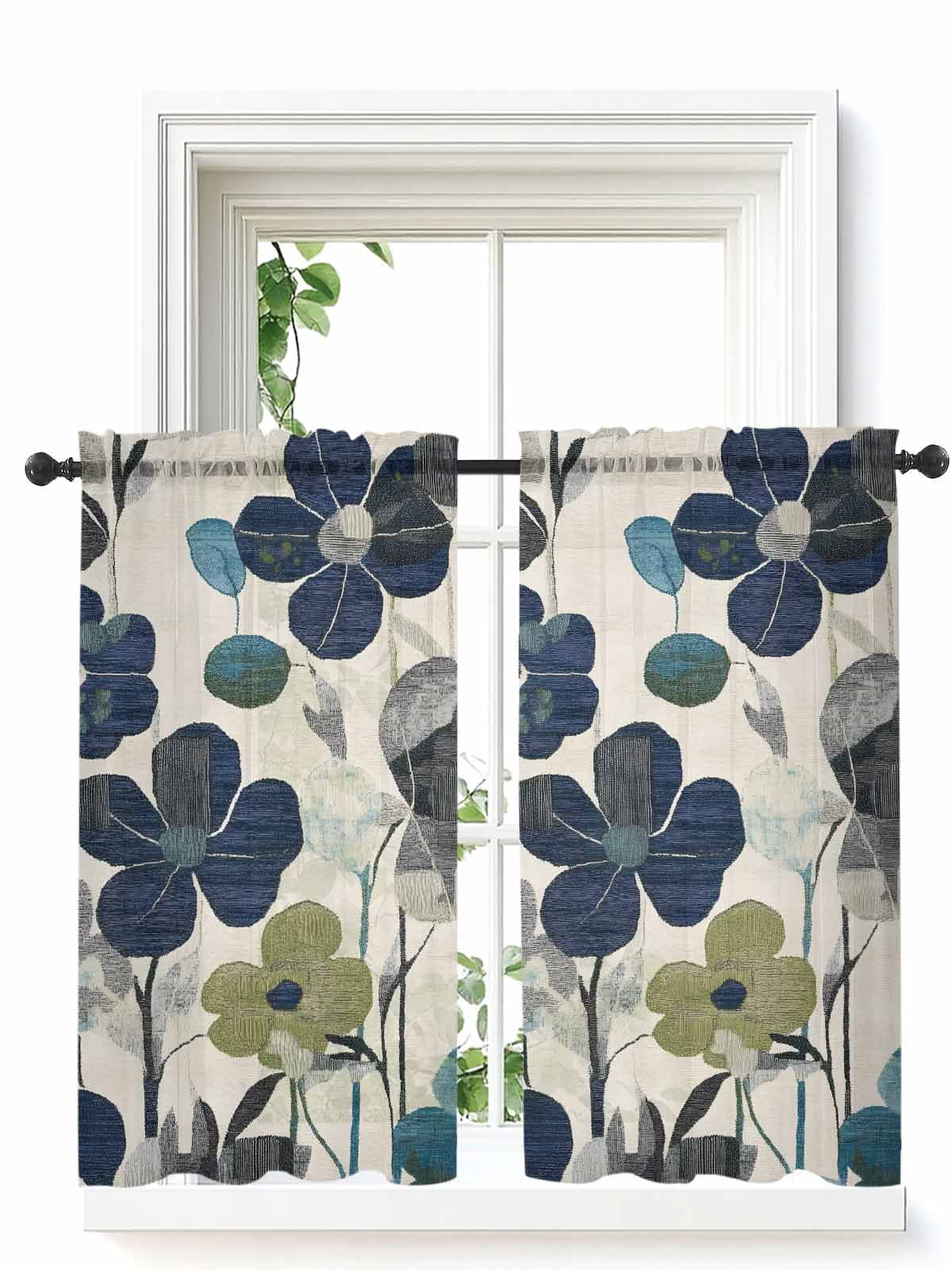 Navy Blue Green Floral Curtains 54 Inch Length, Sheer Curtains for ...