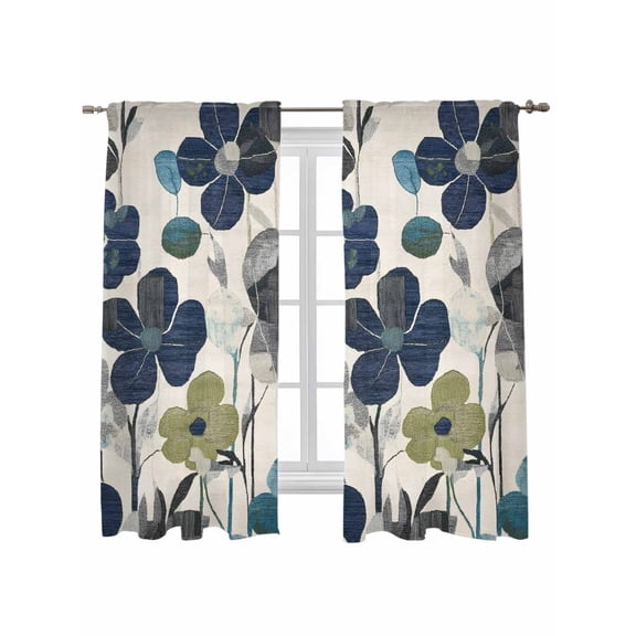 Navy Blue Green Floral Curtains 72 Inch Length, Sheer Curtains for Bedroom Living Room Window Vintage Botanical Leaves Rod Pocket Voile Drapes Kitchen Curtains Small Half Window 52"x72" 2 Panels