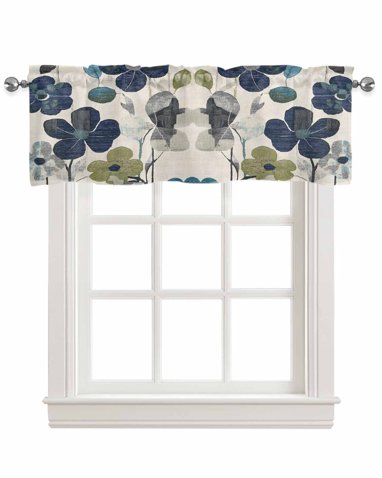 Navy Blue Green Floral Kitchen Valances for Windows Farmhouse Linen Window Valance Curtain for Living Room Window Treatment Vintage Botanical Leaves Valance Rod Pocket Topper Drape, 54 x 18 Inch
