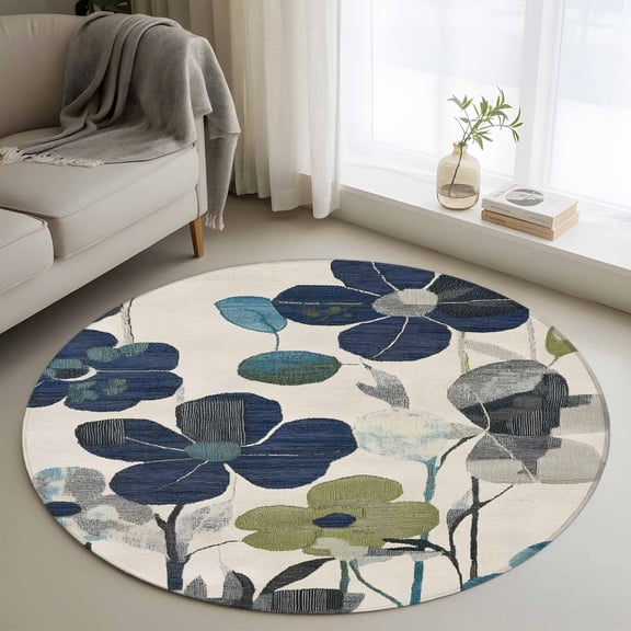Navy Blue Green Floral Round Area Rug 3.3 FT, Non Slip Small Entryway Kitchen Mat, Vintage Botanical Leaves Washable Soft Circular Rug Non-Shedding Door Mat for Bathroom Playroom Kids Room