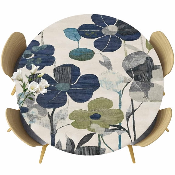 Navy Blue Green Floral Round Tablecloth 36-44 Inch Round Fitted Table Cloth with Elastic Edge, Vintage Botanical Leaves Waterproof Table Cover Protector for Outdoor Picnic Party Dining