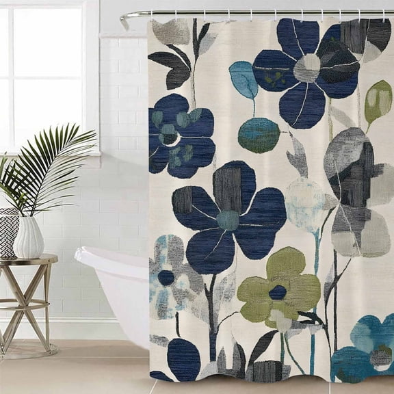 Navy Blue Green Floral Standard Shower Curtain Set, Waterproof Shower Curtains for Bathroom, Vintage Botanical Leaves Washable Fabric Cloth Bath Curtain for Bathtub Decoration with Hooks 72x72 Inches