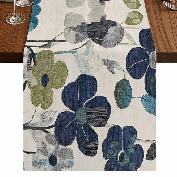 Navy Blue Green Floral Table Runner 120 Inches Long,Vintage Botanical Leaves Cotton Linen Table Runners Dresser Scarves,Decorative Fabric Tabletop Scarf Furniture Cover for Home Dinner Party 13"x120"