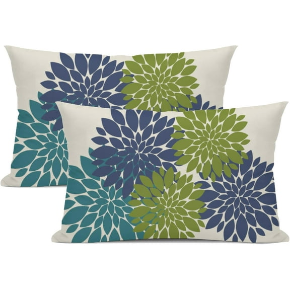 Navy Blue Green Outdoor Pillow Covers 12x20 Inch Teal Green Dahlia Modern Geometry Flower Farmhouse Rustic Decorative Lumbar Throw Pillows for Home Living Room Sofa Couch Bed, Set of 2