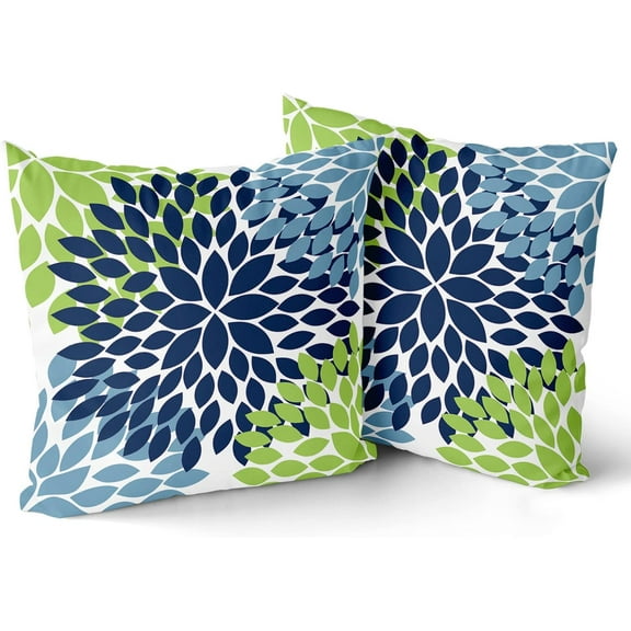 Navy Blue Green Pillow Covers 20x20 Light Blue Dahlias Flowers Modern Farmhouse Decorative Cotton Couch Pillow Cases with Zipper Set of 2 Home Decor for Living Room Bedroom Bed Cushion Outdoor