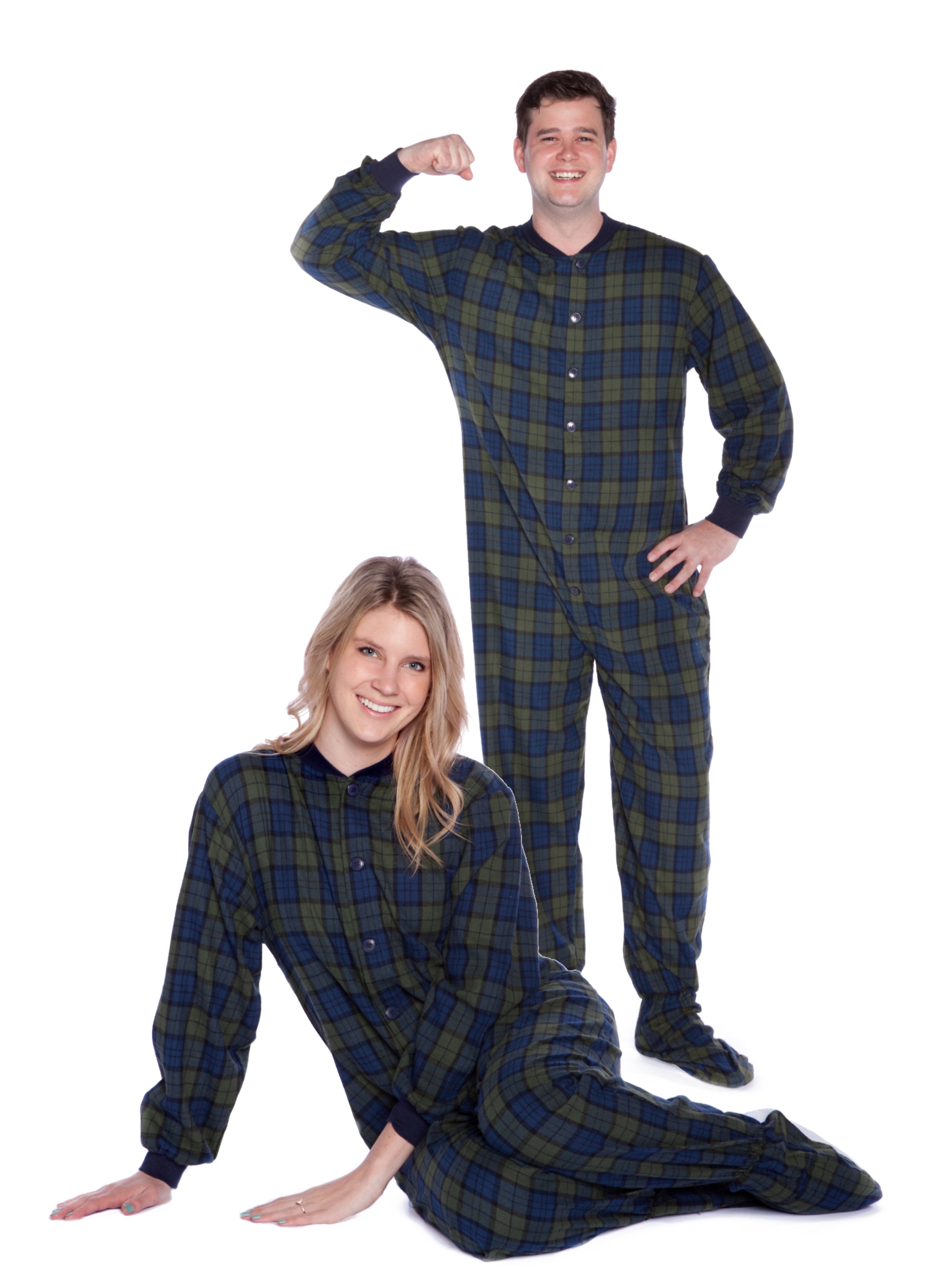 Navy Blue & Green Plaid Lightweight Cotton Flannel Adult Footed Onesie Pajamas for Men & Women