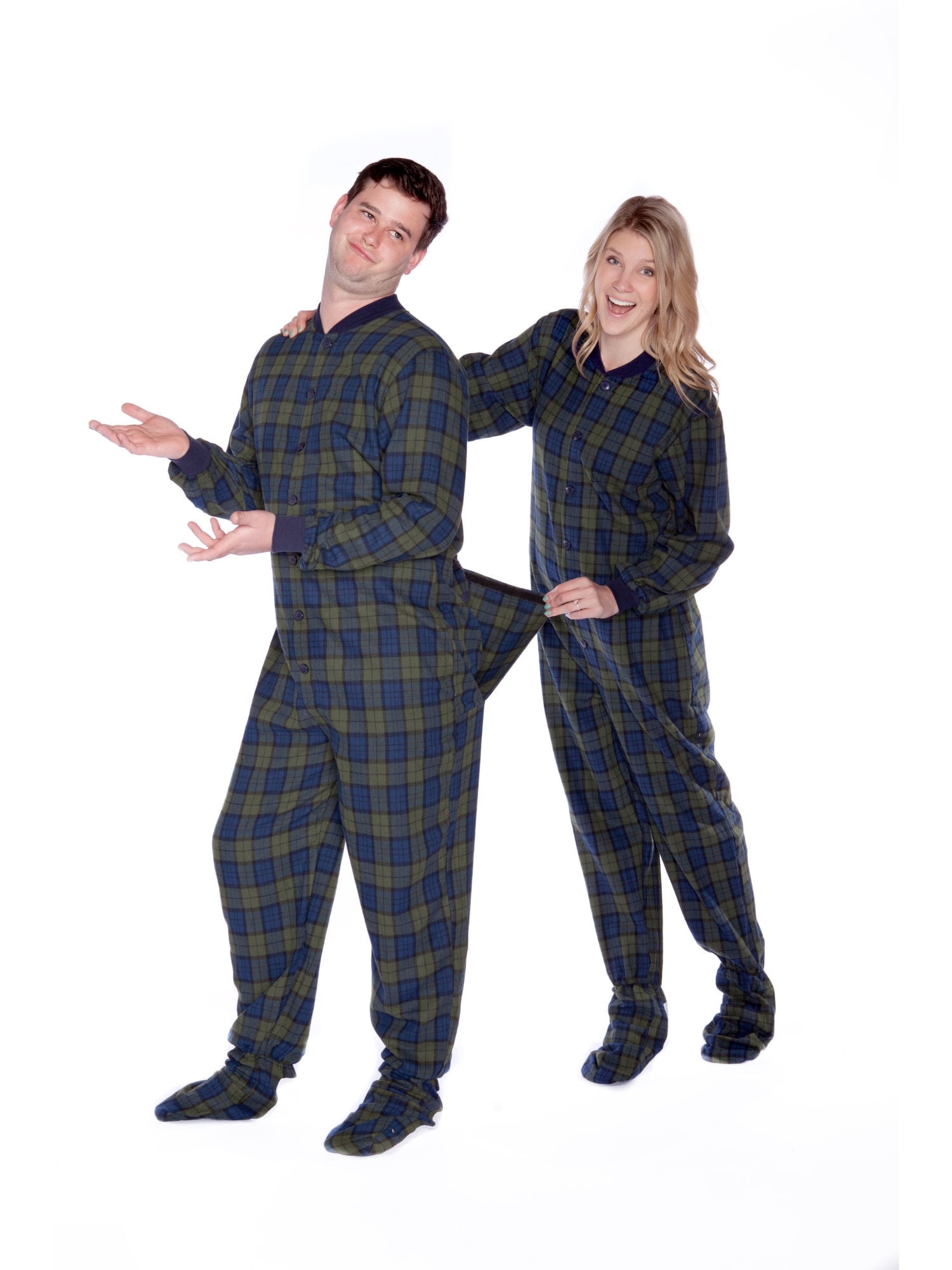 Drop Seat Flannel Onesie With Bum Flap Navy Blue Green Plaid