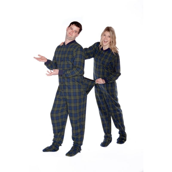 Navy Blue & Green Plaid Lightweight Cotton Flannel Adult Footed Onesie with Drop Seat Pajamas for Men & Women