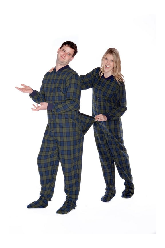 Navy Blue & Green Plaid Lightweight Cotton Flannel Adult Footed Onesie with Drop Seat Pajamas for Men & Women