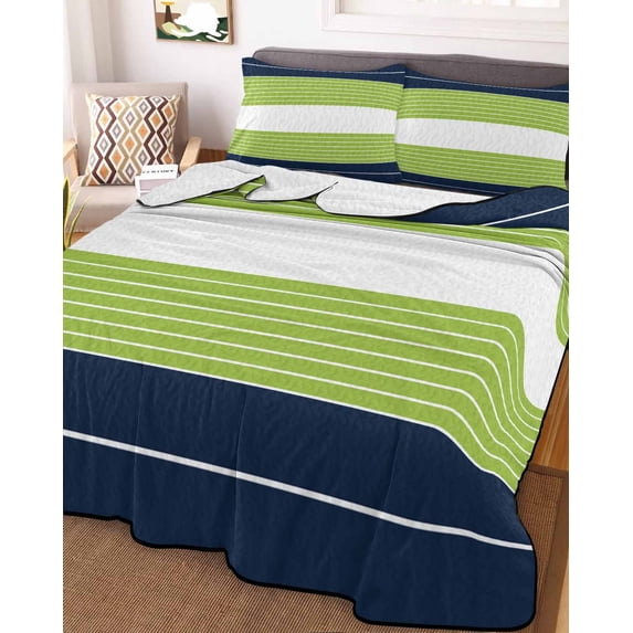 Navy Blue Green Stripe Full Size Down Alternative Comforter, Lightweight Comforter Quilt Bedding Set with Pillow Shams Modern Art Horizontal Striped All Seasons Bed Comforter Duvet Insert 78"x90"