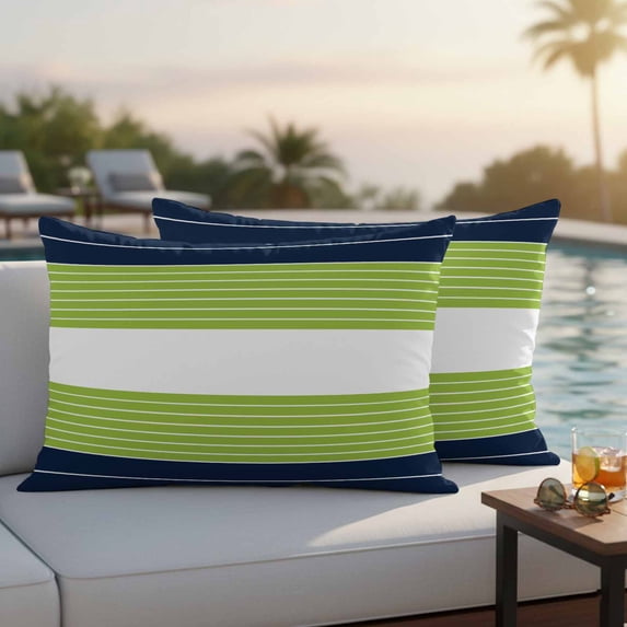 Navy Blue Green Stripe Outdoor Pillow Covers 20x12 Inch Lumbar Pillow Covers Set of 2 Waterproof Decorative Throw Pillow Cases Modern Art Horizontal Striped Cushion Covers for Patio Furniture Garden
