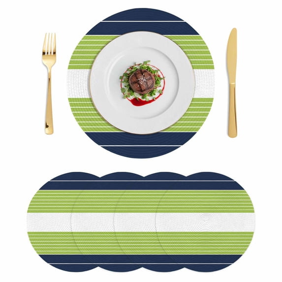 Navy Blue Green Stripe Round 13 Inch Placemats Set of 4, Modern Art Horizontal Striped HeatResistant Non Slip Place Mats for Dining Table, Wipeable Braided Kitchen Table Mats for Housewarming