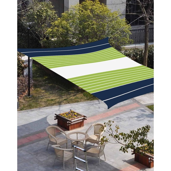 Navy Blue Green Stripe Sun Shade Sail 14'x18' Rectangle Outdoor Shade Canopy, Modern Art Horizontal Striped Porch Shades Outdoor Sun Blocking Screen, Sunshade Cloth Covers for Patio/Deck/Garden