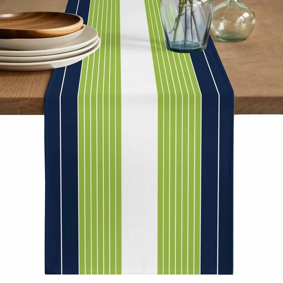 Navy Blue Green Stripe Table Runner, Modern Art Horizontal Striped Washable Cotton Linen Table Runners 72 Inches Long, Dresser Scarf Runner for Dining/Coffee/Kitchen/TV Stands/Cabinets 14''x72''