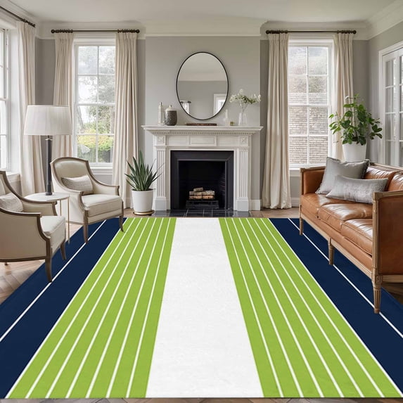 Navy Blue Green Stripe Washable Living Room Rugs 6'x9', Gradient Line Low Pile Throw Large Area Rug Non-Slip Sturdy Edge Binding Carpet for Dining Room Kitchen Office