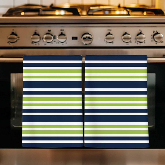 Navy Blue Green Striped Kitchen Towels Set of 2, Gradient Horizontal Lines Absorbent Dish Towels for Kitchen, Microfiber Hand Towel, Quick Drying Tea Towel for Cleaning Decorative Dishcloths