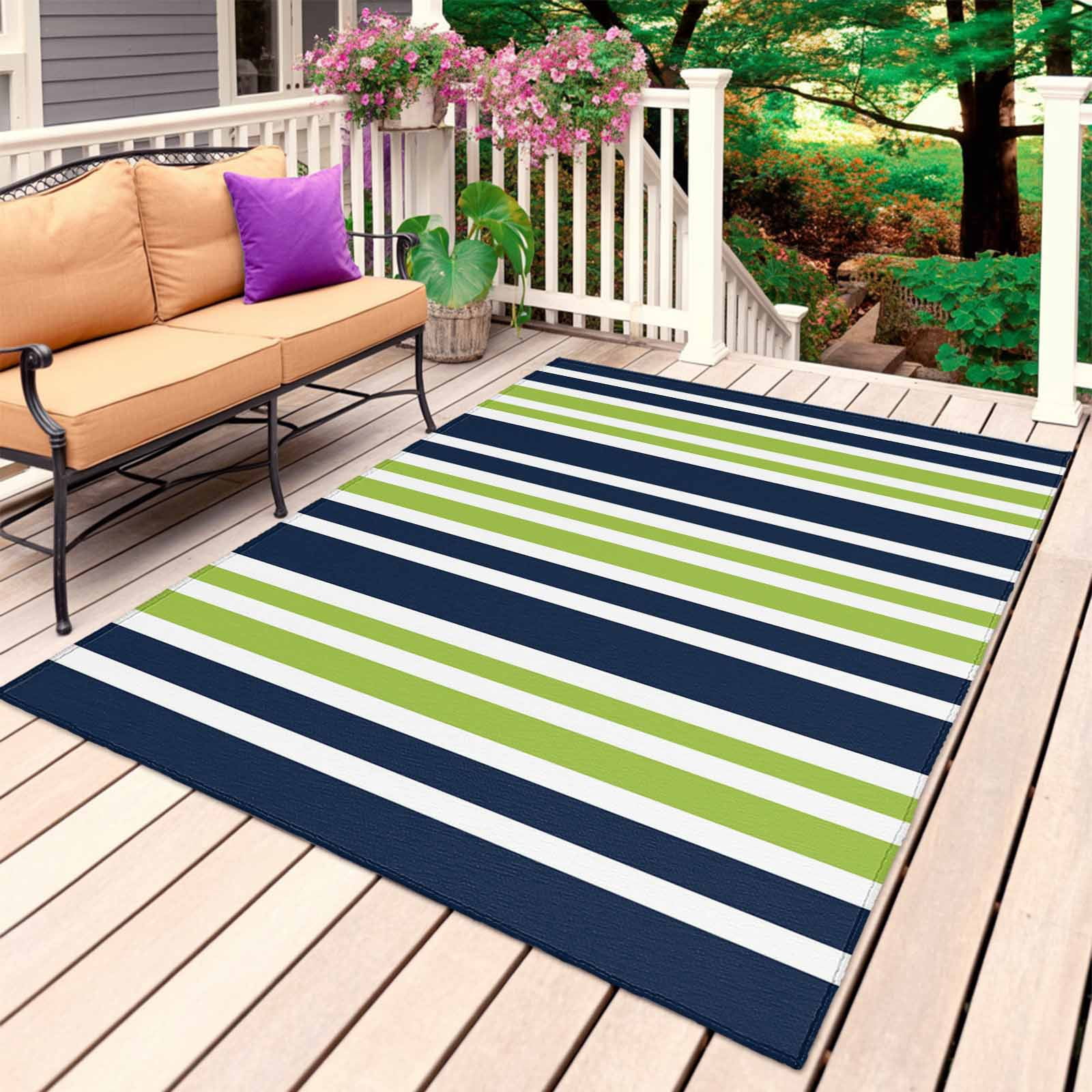 Navy Blue Green Striped Outdoor Rug for Patio/Deck/Porch, Non-Slip Large Area Rug 4 x 6 Ft, Modern Minimalist Ombre Lines Indoor Outdoor Rugs Washable Area Rugs, Reversible Camping Rug Carpet Runner