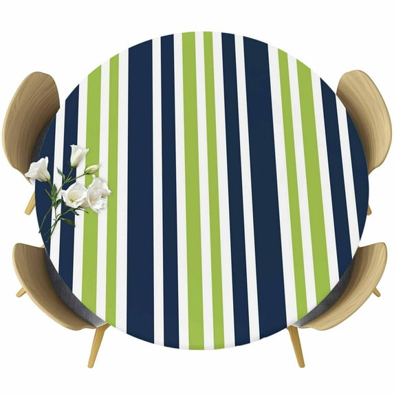Navy Blue Green Striped Round Tablecloth 36-44 Inch Round Fitted Table Cloth with Elastic Edge, Modern Minimalist Ombre Lines Waterproof Table Cover Protector for Outdoor Picnic Party Dining