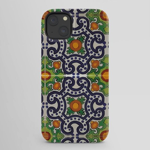 Navy Blue, Green and Orange Floral Scroll Tile Tough Phone Case for Apple iPhone Models, Polycarbonate and TPU