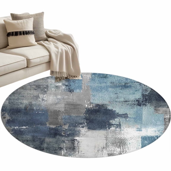 Navy Blue Grey 3ft Area Rug, Modern Oil Painted Abstract Art Aesthetics Washable Non-Slip Small Round Rugs for Entryway Bedroom Kitchen, Soft Circle Carpet for Dining Room, Playroom Nursery Rug