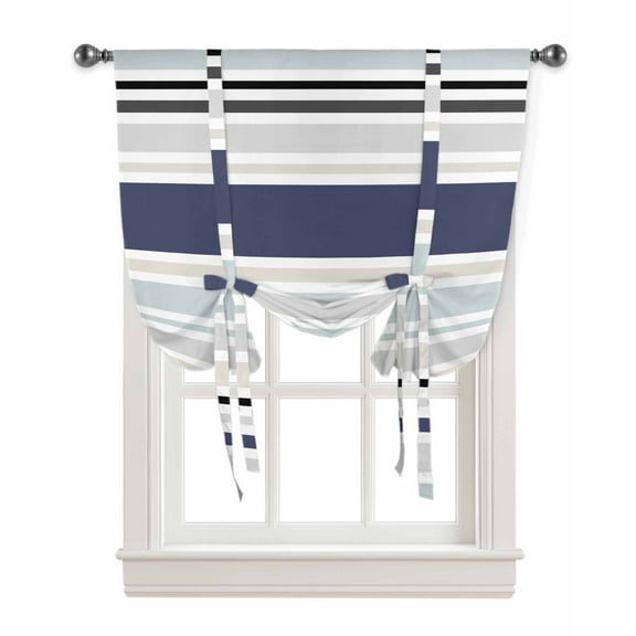 Navy Blue Grey Aqua Striped Tie Up Curtains for Window, Modern Farmhouse Lines Simple Stripes Thermal Insulted Balloon Shade Adjustable Rod Pocket Curtains Valance for Kitchen Bathroom Café 34 x 45