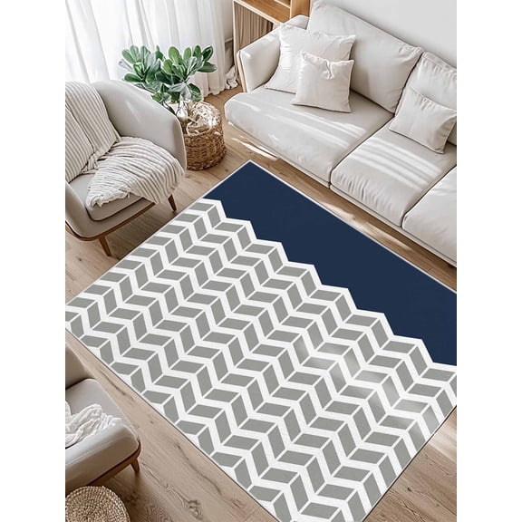 Navy Blue Grey Area Rug for Bedroom 4x6 Ft Herringbone Abstract Super Soft fuzzy Throw Rug Non-Slip Fluffy Plush Indoor Floor Carpet for Living Room Nursery Home Decor