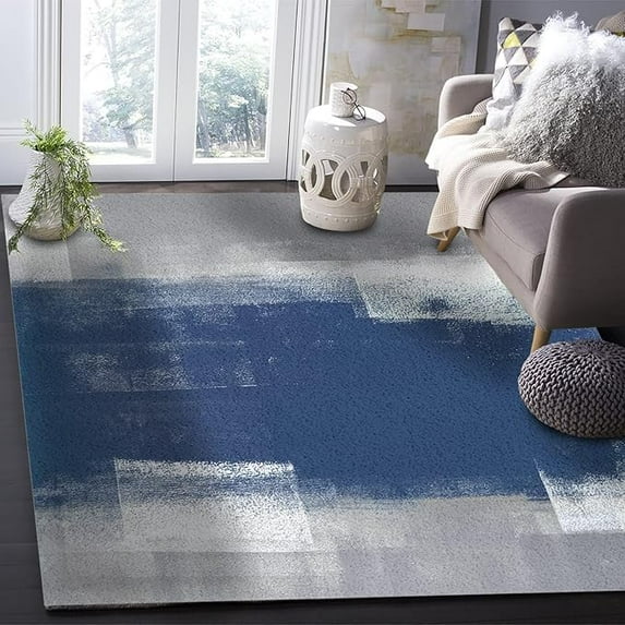 Navy Blue Grey Area Rug, Modern Geometric Oil Painting Living Room Rugs, Easy-Cleaning Anti Slip Carpet for Indoor Hallway Dining Room Entryway Home Decor 4 x 5ft