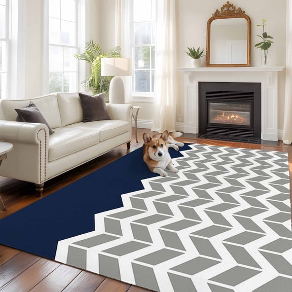 Navy Blue Grey Area Rugs 5x7 ft Herringbone Abstract Washable Rug Non Slip Indoor Carpet Absorbent Floor Mat for Living Room Bedroom Dining Room
