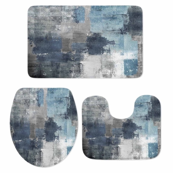 Navy Blue Grey Bath Mat 3 Piece Bathroom Rug Set, Modern Oil Painted Abstract Art Aesthetics Non Slip Bath Rug Contour Mat and Toilet Lid Cover, Absorbent Shower Mats Soft Bath Rugs and Mats Sets